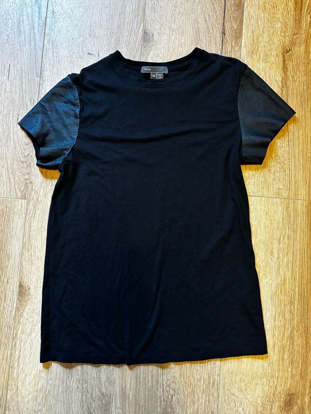 Vince Lamb Leather Sleeve Cotton T-Shirt